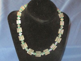 Vintage Silver - Tone Metal Green & Molded Clear Glass Bead Single Strand Necklace
