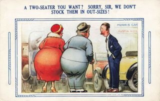 Bamforth Comic Postcard: Vintage Motor Car & Austin & Morris Car Showroom Humour