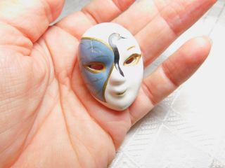 Mardi Gras Blue White Hand Painted Porcelain Mask Face Lapel Pin Vintage