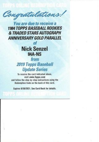 2019 Topps Update Redemption 1984 Autograph Nick Senzel Rc 50 Cincinnati Reds