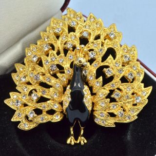 Vintage Peacock Brooch 1960s Black Enamel & Crystal Goldtone Bridal Jewellery