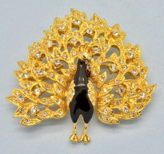 Vintage Peacock Brooch 1960s Black Enamel & Crystal Goldtone Bridal Jewellery 2