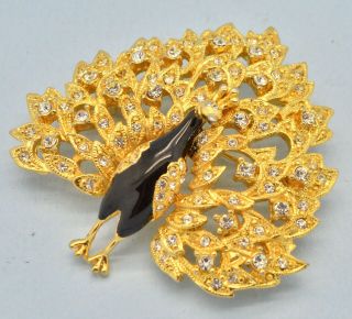Vintage Peacock Brooch 1960s Black Enamel & Crystal Goldtone Bridal Jewellery 3