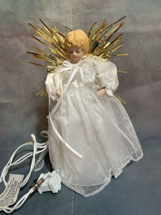 Vintage Christmas Lighted 9 " Angel Porcelain Face Hands Tree Topper Gold Dress