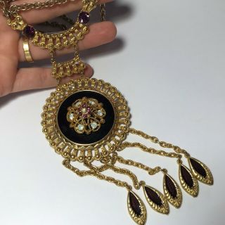 Vtg Victorian Style Chatelaine Drop Dangle Gold Tone Costume Necklace Medallion