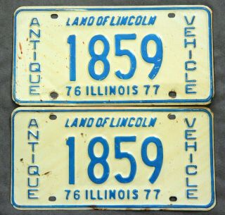 Illinois 1976 / 1977.  Antique Vehicle.  Pair.  License Plate.