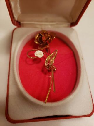 Vintage Boucher Style Gold Tone Long Stem Carved Rose Brooch Pin