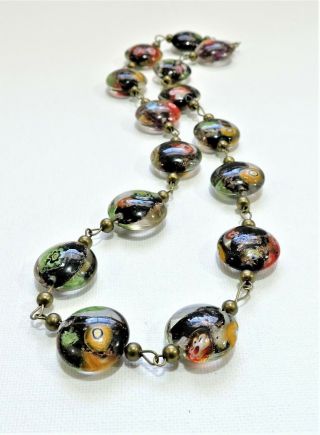 Vintage Black Millefiori Lampwork Art Glass Bead Necklace No19304