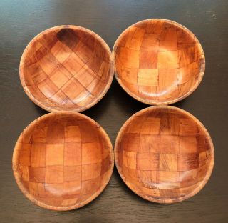 Wooden Cereal Snack Bowls Lightweight Woven Wood 4ct Set Vintage