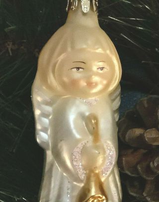 Vtg Czechoslovakia Figural 3.  5 " Sweet Faced Blonde Angel W/horn & Glitter
