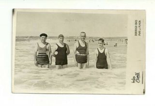 Men In The Ocean.  Mar Del Plata Argentina.  Vintage Rppc Postcard Bathing Suit