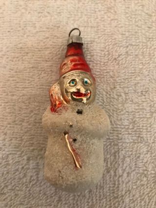 Vintage Blown Mercury Glass Ornament Snowman Mica Covered With Red Broom