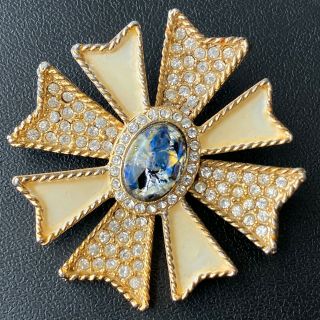 Vintage Crean Enamel Maltese Cross Flower Rhinestone Foil Glass Brooch Pin 639