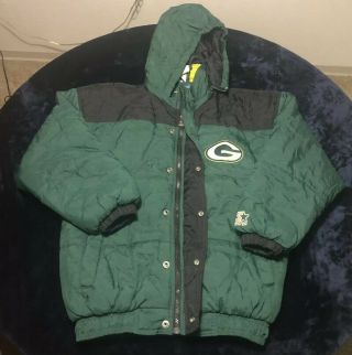 Vtg 90’s Green Bay Packers Mens Starter Full Zip Jacket Hooded Green & Yellow L