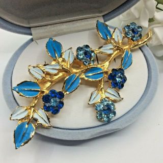 Vintage Jewellery Blue Topaz & Aquamarine Rhinestone Gold Tone Flower Brooch Pin