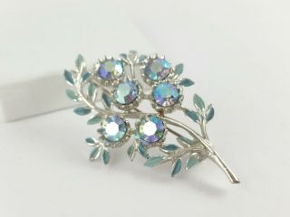Vintage 50s 60s Blue Aurora Borealis Rhinestone Floral Enamel Brooch Pin