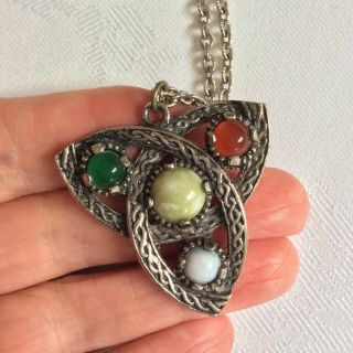 Vintage Scottish Celtic Jewellery Jacobite Glass Agate Triquetra Pendant & Chain