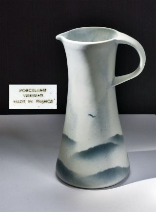 Stunning Vintage Virebent Porcelain French Stoneware Jug Vase.  Mountains / Birds