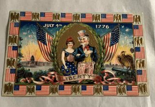 Vintage Fourth Of July Postcard - Uncle Sam & Lady Liberty Embossed Eagles