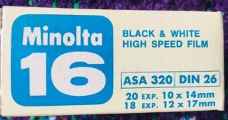 Minolta 16 Asa 320 Din 26 Black & White High Speed Film Cartridge - Nos
