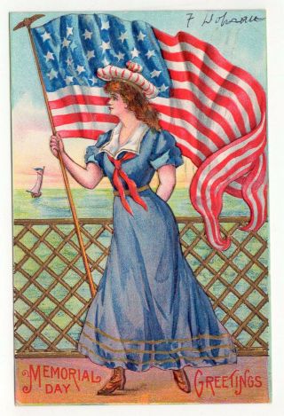 Vintage Postcard Memorial Day Greetings W/ American Flag Newburgh Ny 1908