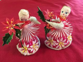 2 Vintage Hand Crafted Angel Christmas Ornaments Plastic Flowers