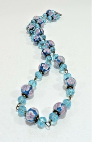 Vintage Encased Blue With Pink Flowers Lampwork Art Glass Bead Necklace No19221