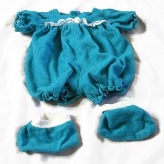 Vintage Teal Fleece 4 - Piece Romper And Booties Set - Fits 12 - 16 " Dolls - Lacy