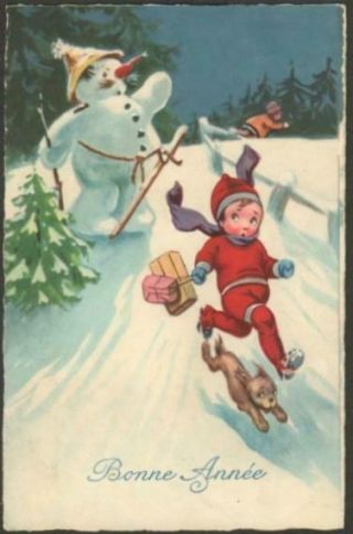 Vintage Christmas Postcard - Children Running Away From Angry Snowman
