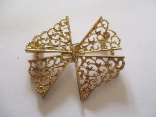 Vtg 50s 60s Gold Tone Filigree Large Bow Brooch Signed Hollywood 40s Retro Vgc