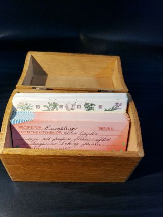 Vintage Recipe Wood Recipe Card Box Wood 3 " X 5.  5 " Box W/1 Recipe,  80 Blank Cards