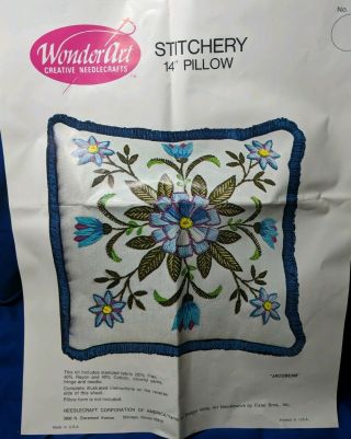 Vintage Wonderart Floral Jacobean Crewel Embroidery Pillow Kit 14 "