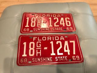 Two Sequential 1968 1969 Florida License Plate Pair 1968 - 69 Lee County Tag
