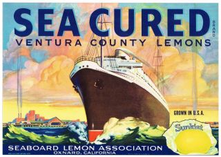 1930s Lemon Crate Label Sea Cured Ship Nautical Vintage Oxnard Ventura