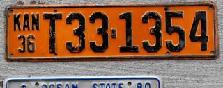 1936 Black On Orange Kansas Truck License Plate 33 = Barton County