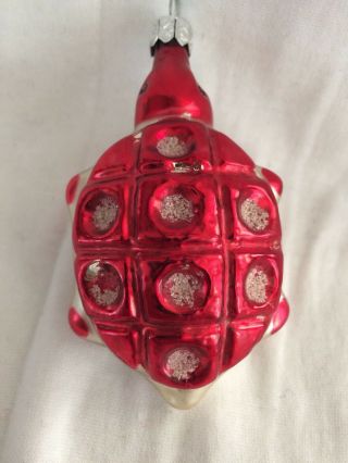 Vintage Poland Red,  White & Silver Turtle Christmas Ornament Glass