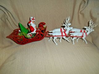 Vintage Large 15 " Santa Claus,  Sleigh And 4 Reindeer Soft Plastic Blow Mold