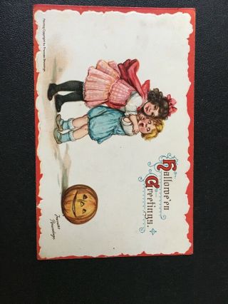 Vintage Halloween Postcard Frances Brundage Girls Jack O Lantern
