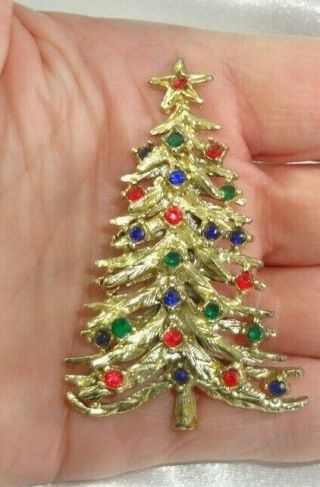 Vtg Art Christmas Tree Red,  Green,  Blue Rhinestone Brooch / Pin Book Piece