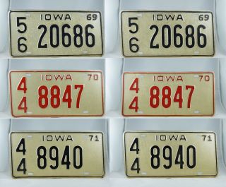 1969 - 1971 Iowa Passenger License Plate Pairs - Near - 6 Plates