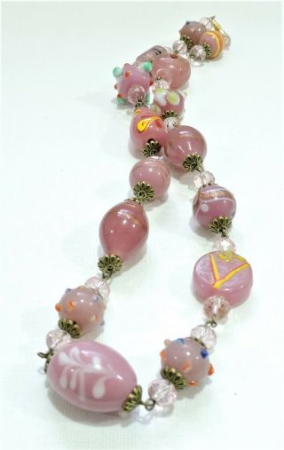 Vintage Pink Art Glass Lampwork Art Glass Bead Necklace Se19477