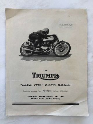 1948 Triumph Motorcycle Grand Prix Racing M D Whitworth Vintage Advertising
