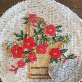 Vtg Basket Of Flowers Crewel Embroidery Stitchery Needlework Finished Unframed