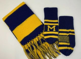Vintage University Of Michigan Fringed Scarf And Mittens Adult One Size U Of M