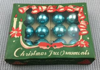 Vintage Small Christmas Ornaments (12) Glass W/ Box Blue Japan