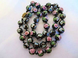 Vintage Hand Knotted Chinese Export Cloisonne Black Floral Bead Necklace 26 "