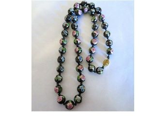 Vintage Hand Knotted Chinese Export Cloisonne Black Floral Bead Necklace 26 