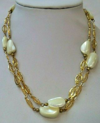 Stunning Vintage Estate Mother Of Pearl Bead Gold Tone 35 " Necklace 2577v
