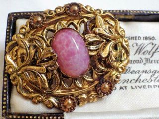 Vintage Czech Pink Glass Brooch Pin Bohemian Glass Gold