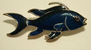 Vintage Brooch Cobalt Navy Blue Enamel Silver Fancy Marine Life Fish Pin Pisces